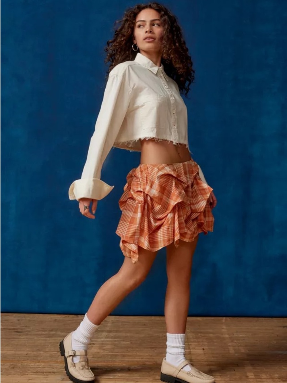 URBAN OUTFITTERS BDG Blue Plaid Anna Ruched Bubble Mini Skirt - Picture 3 of 8